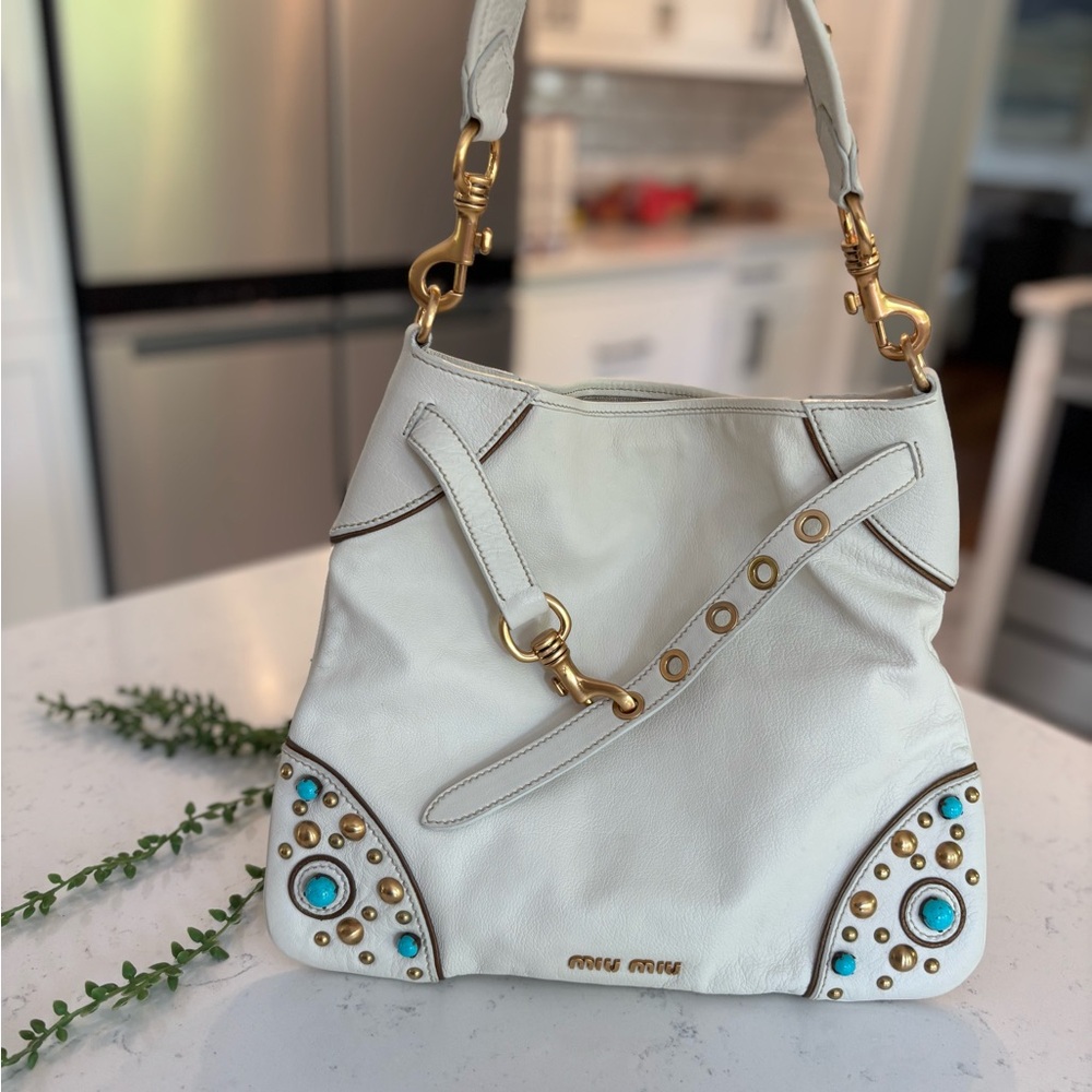 SOLD! Miu Miu White and Gold Shoulder Bag with Chain Strap